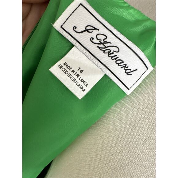 Linen Cocktail Formal Dress Midi Green Gold Embroidered Size 14 Zipper Back Rare - Picture 11 of 14